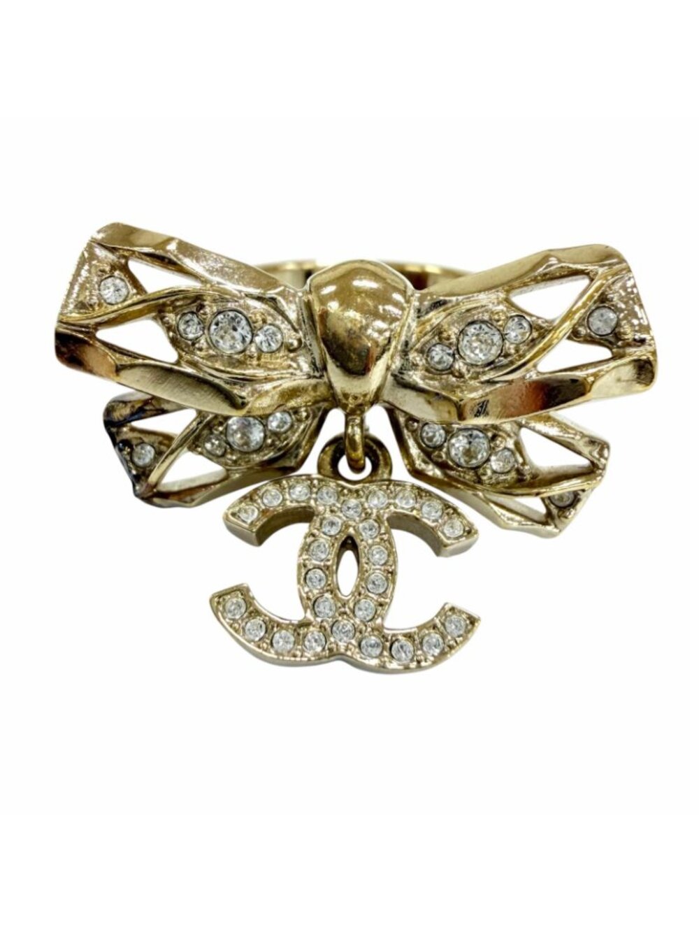 Chanel CC Logo Ribbon Rhinestone Ring Gold JP - Picture 4 of 11